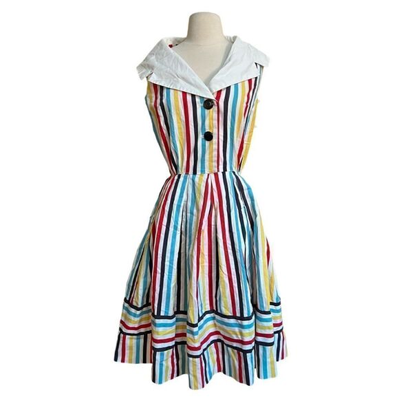 DREAMY Vintage 1950s Handmade One of a Kind Rainbow Shawl Collar Cotton Dress - Picture 3 of 11